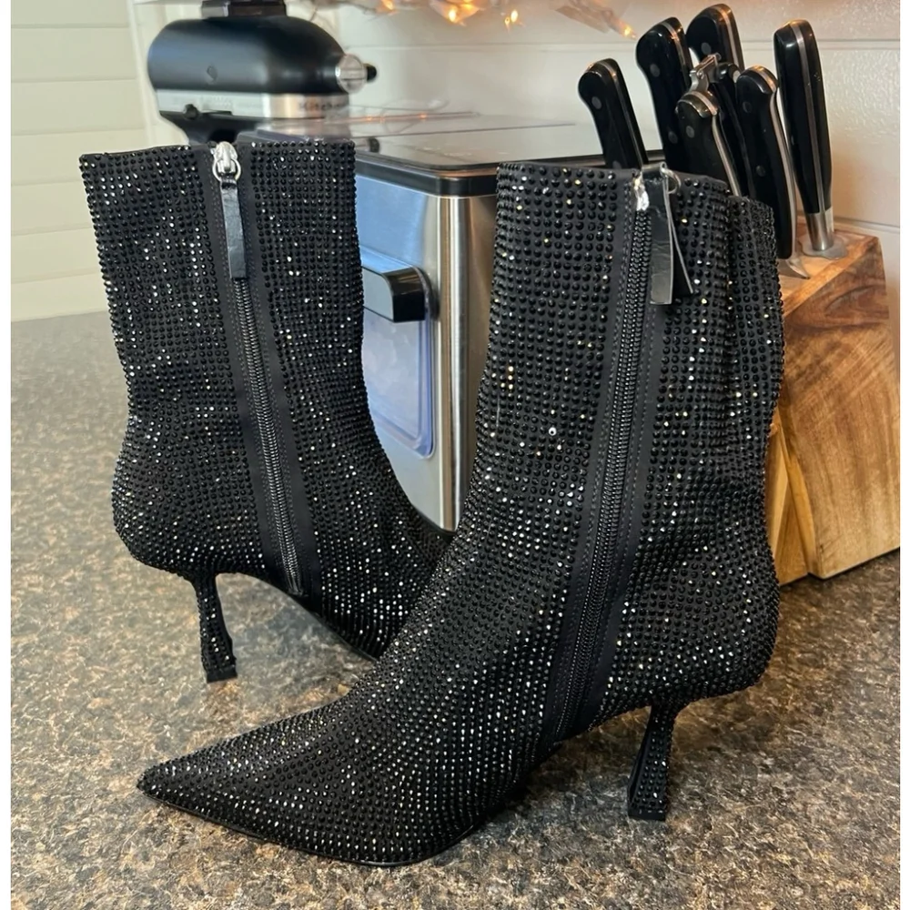ZARA Black Rhinestone Kitten Heeled Boots - Picture 1 of 9